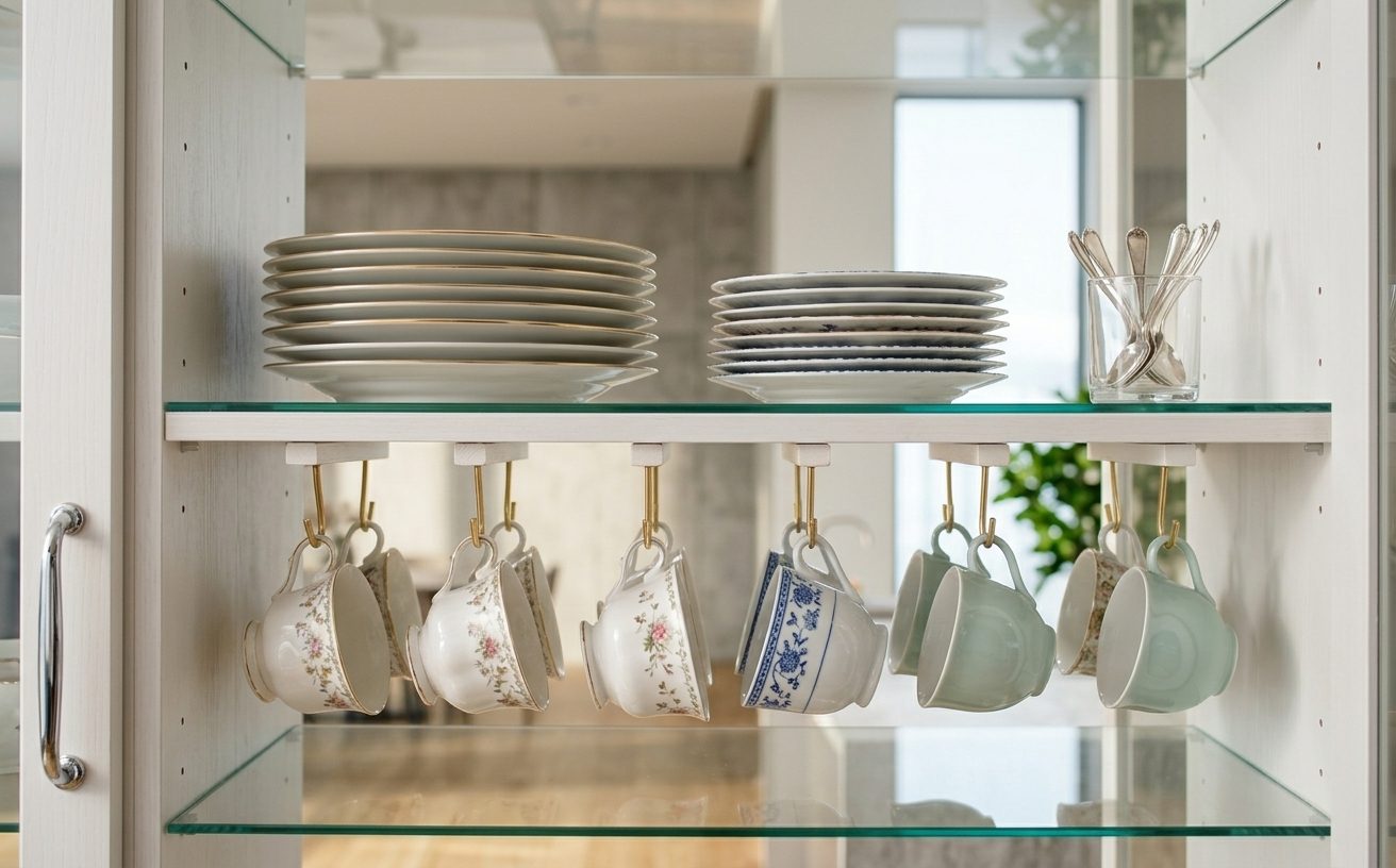 Stacked china plates and teacups hanging inside a glass cabinet