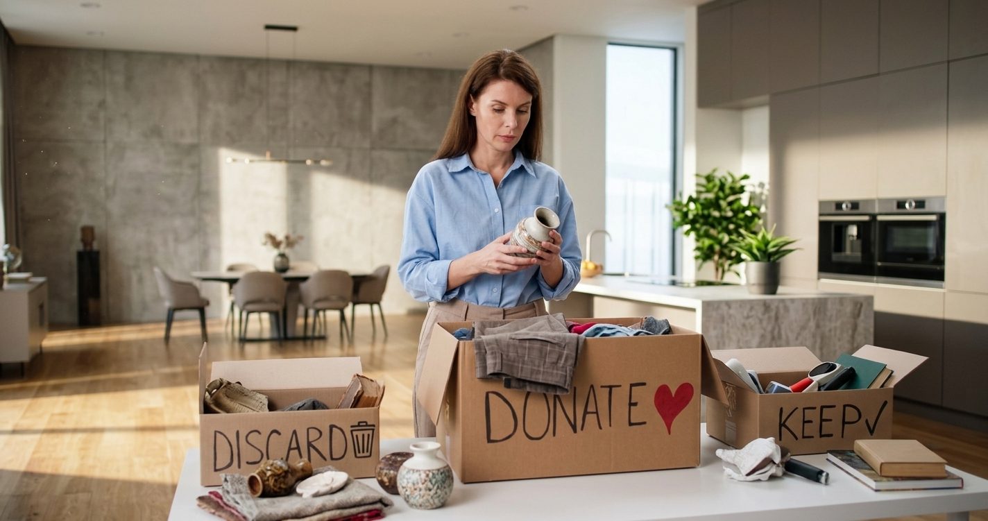 A woman sorting household belongings into labeled Discard, Donate, and Keep boxes