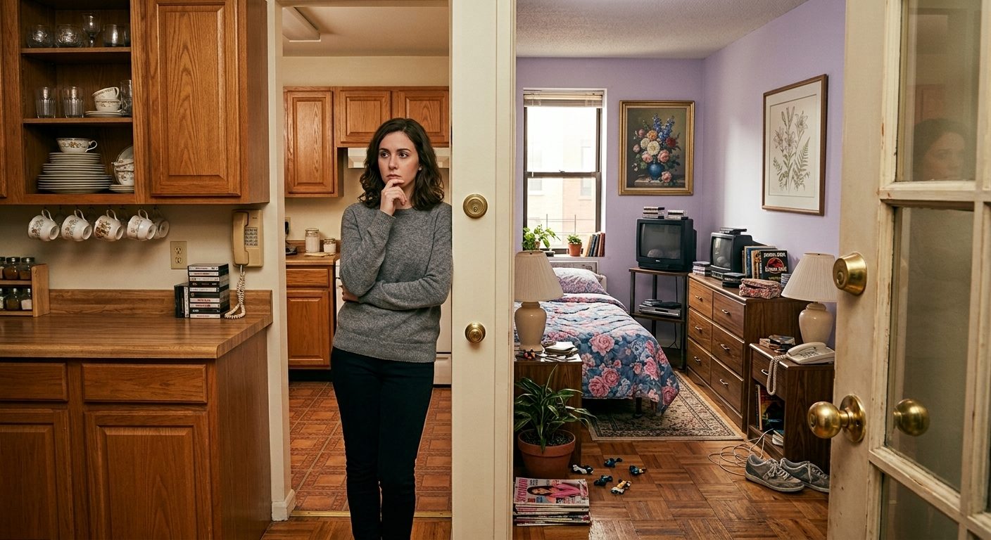 A woman standing thoughtfully in a doorway between a kitchen with china cabinets and a bedroom full of belongings