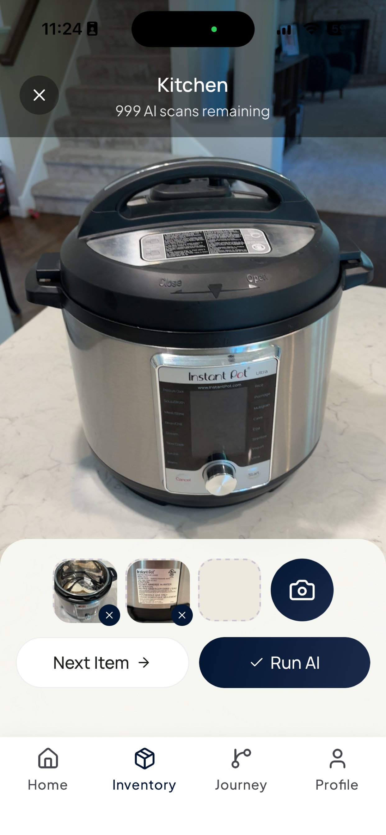 Aveho camera capturing photos of an Instant Pot in a kitchen, with thumbnails of additional angles ready to run through AI