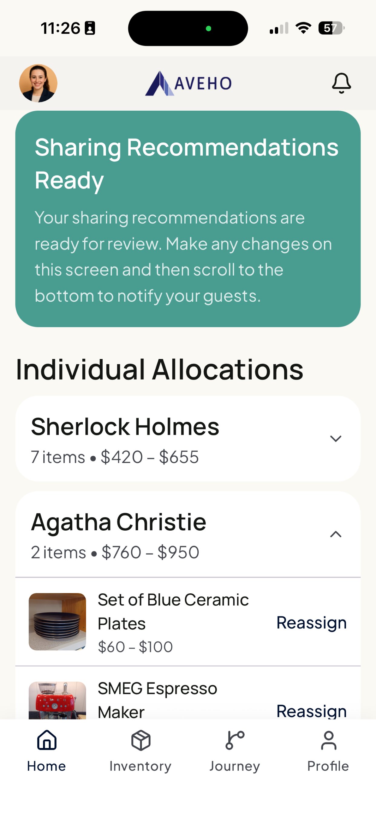 Aveho sharing recommendations showing items allocated between family members with item counts and value ranges