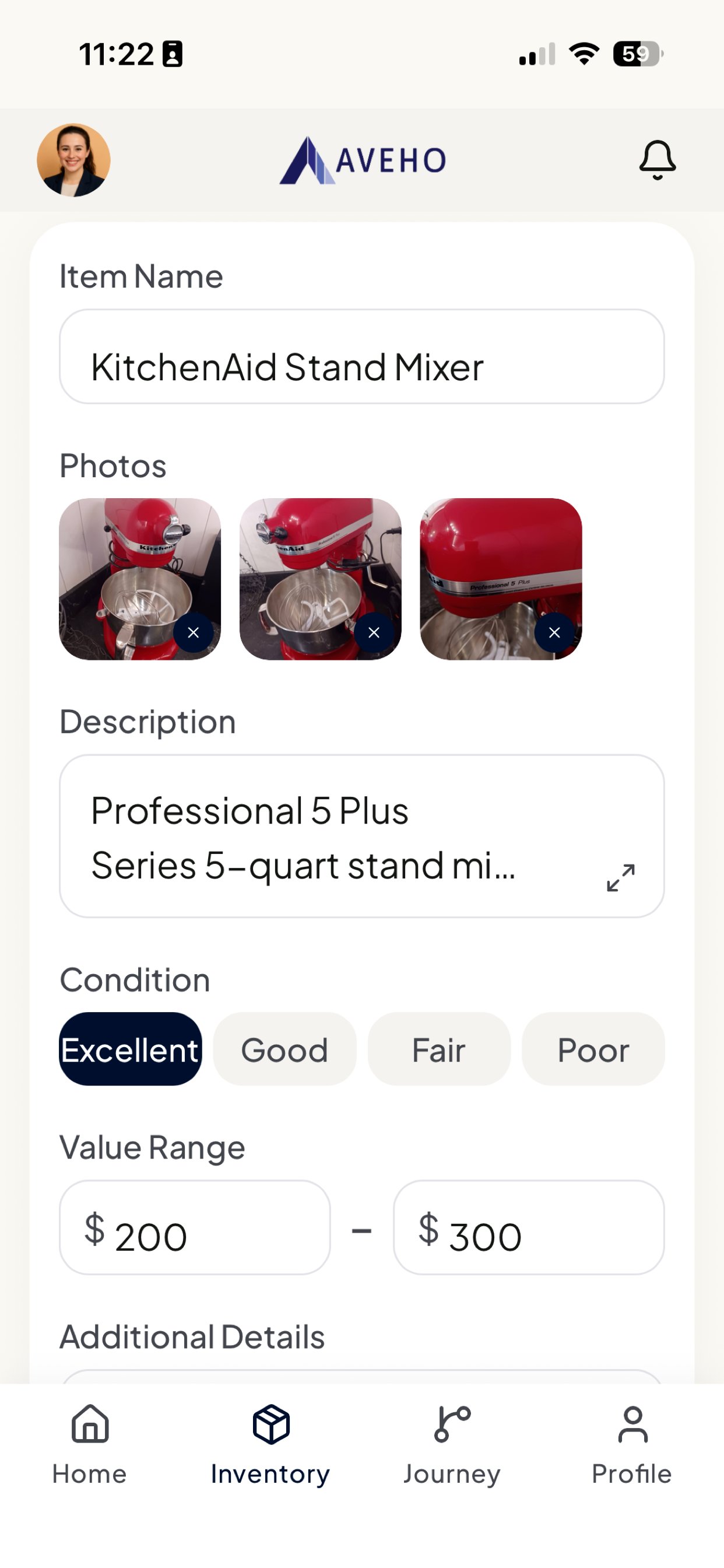 Aveho app showing a KitchenAid stand mixer identified with condition and an estimated value range of $200 to $300