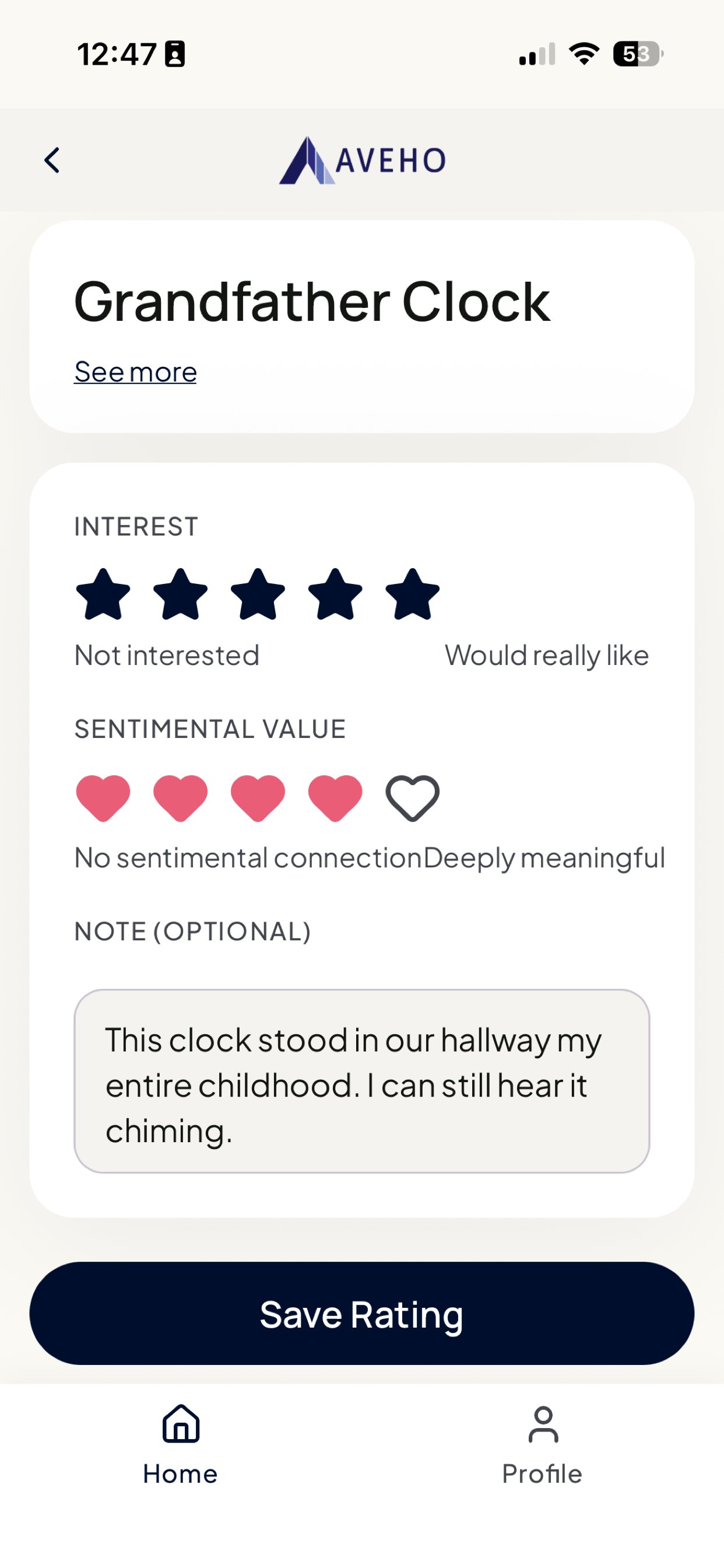 Aveho rating screen for a grandfather clock: five stars of interest, four hearts of sentimental value, and a note reading this clock stood in our hallway my entire childhood