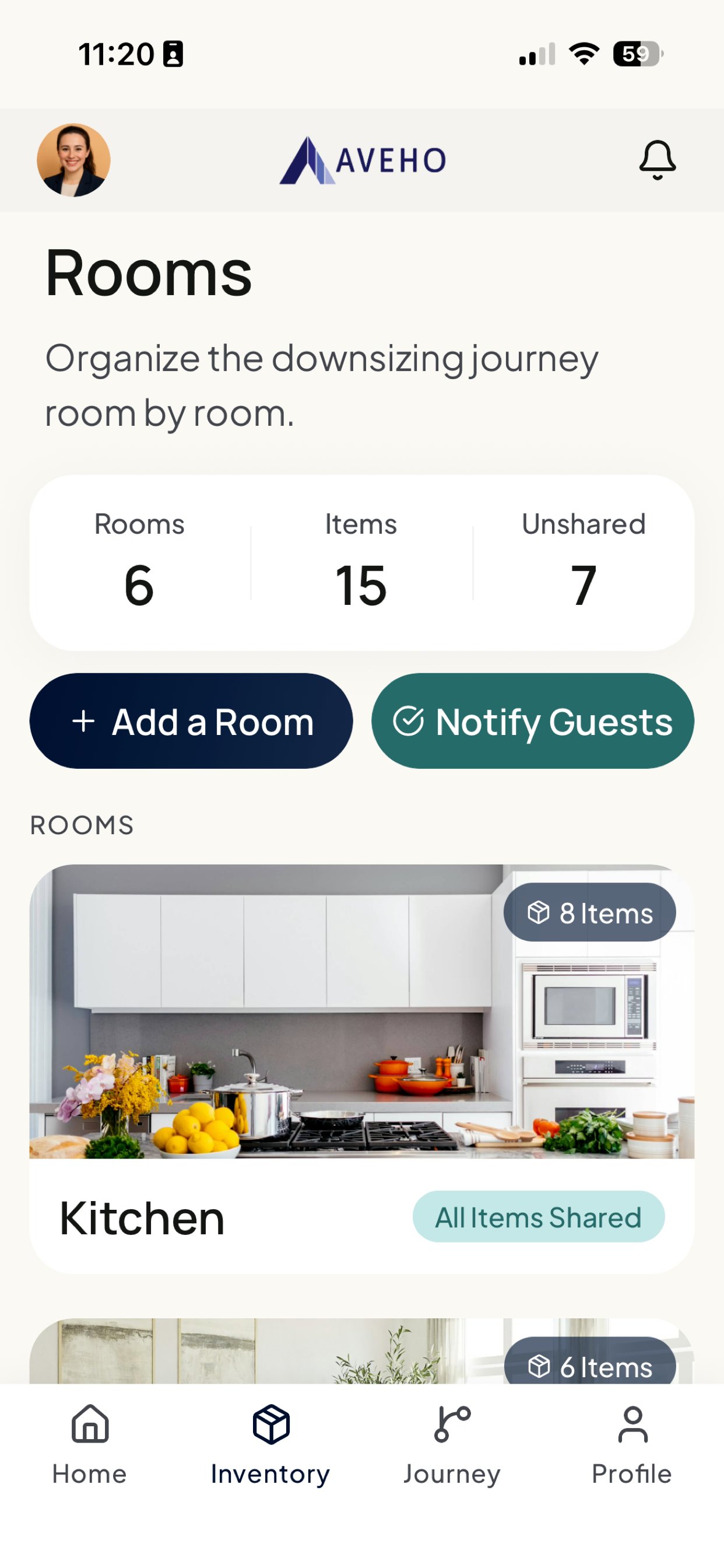 Aveho Rooms screen showing 6 rooms, 15 items, with a kitchen room card marked all items shared