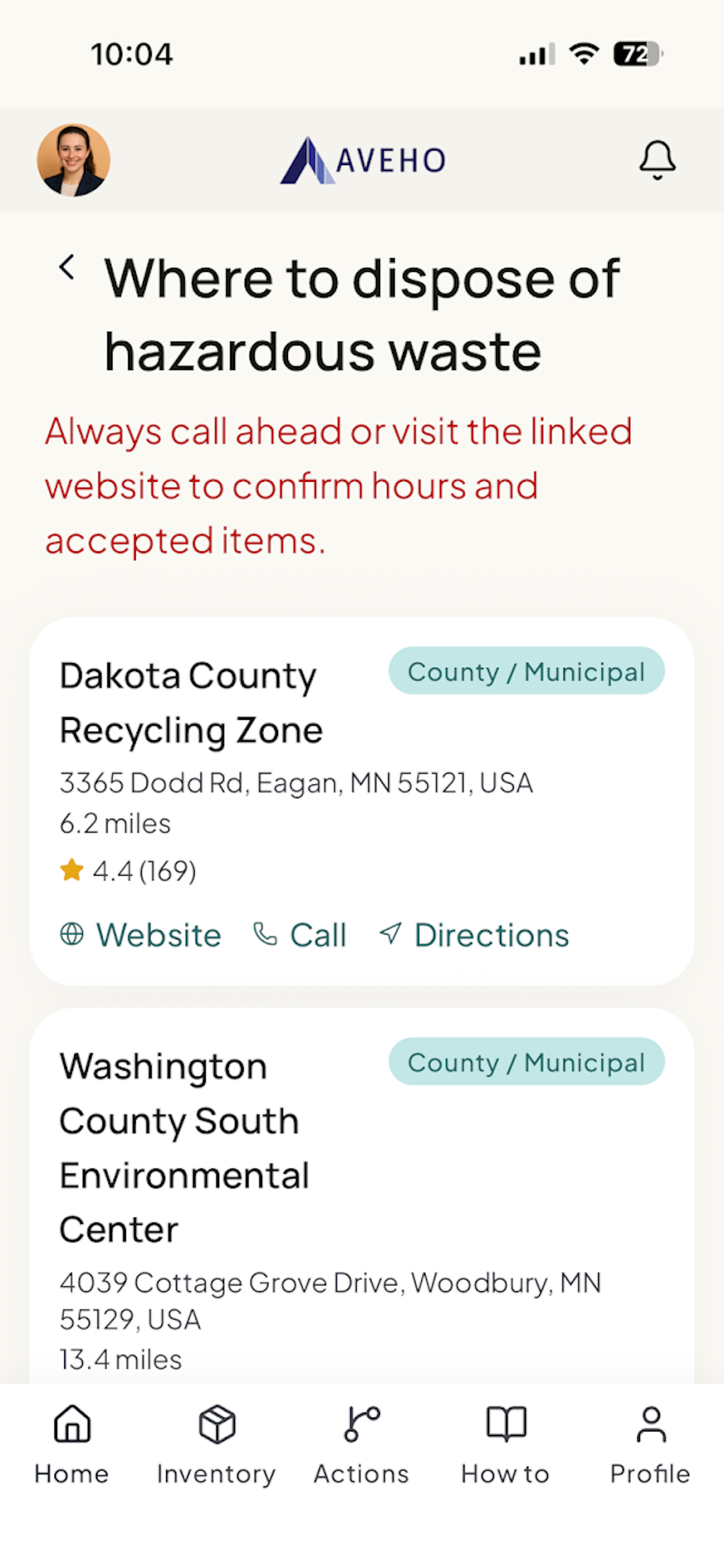 Aveho local places screen showing nearby household hazardous waste facilities with address, distance, ratings, and links to website, call, and directions