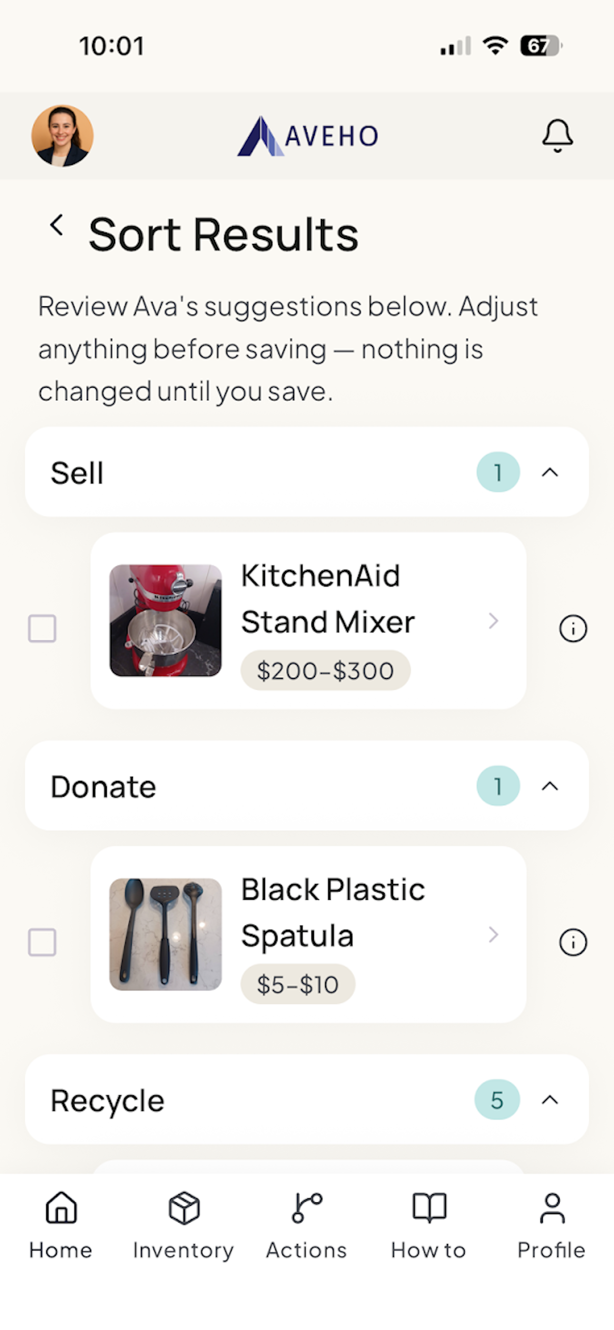 Aveho Smart Sort results screen showing items triaged into Sell and Donate categories with estimated value ranges